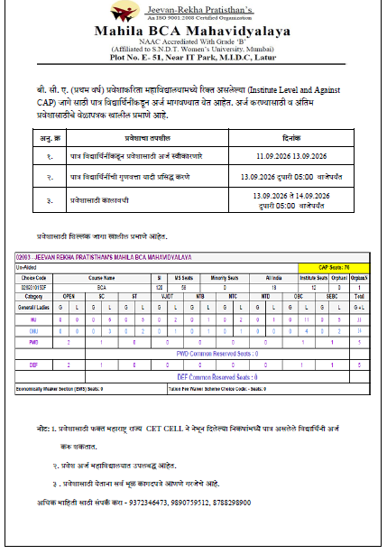 Notificattion for Institute Level Round BCA FY admission 2026-27